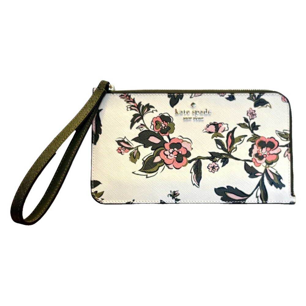 Kate Spade Lucy Medium L-Zip Wristlet Saffiano Leather - Forest Bloom Meringue